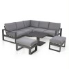 Maze Lounge Outdoor Amalfi Aluminium Grey Small Corner Dining with Square Rising Table and Footstools