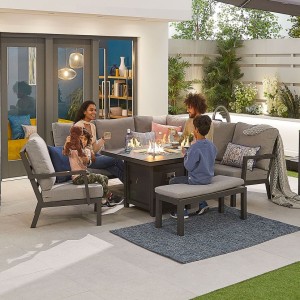 Nova Outdoor Fabric Vogue Grey Frame Aluminium Corner Dining Set with Firepit Table and Armchair and Bench