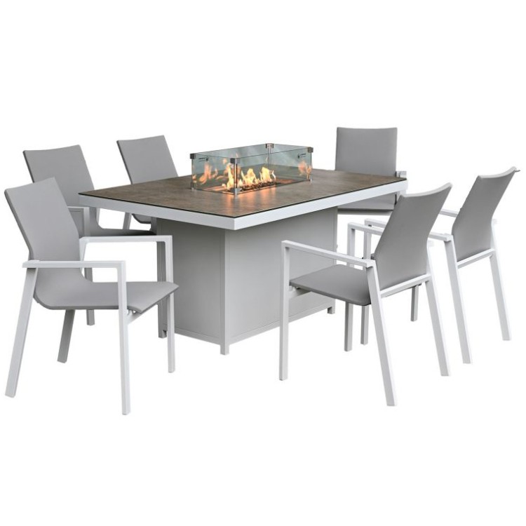 Nova Garden Furniture Roma White Frame 6 Seat Rectangular Dining Set with Firepit